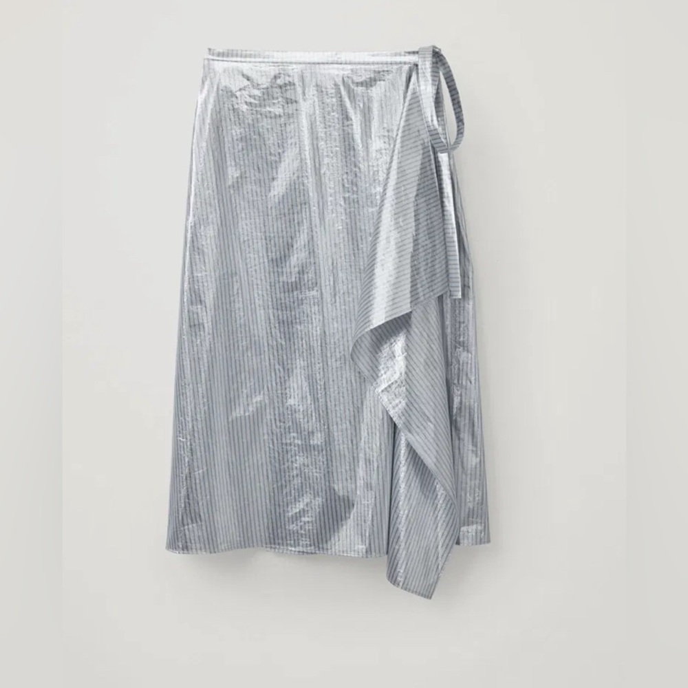 COS‎ $175 Metallic Silver Striped Asymmetrical Wrap Midi Skirt Romania Holiday